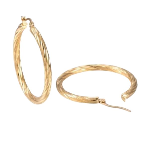 Swirl Rib Line Hoop Pierced Post Stud Earrings Gold Tone 1 1/2" 42mm Large Round - Picture 3 of 6